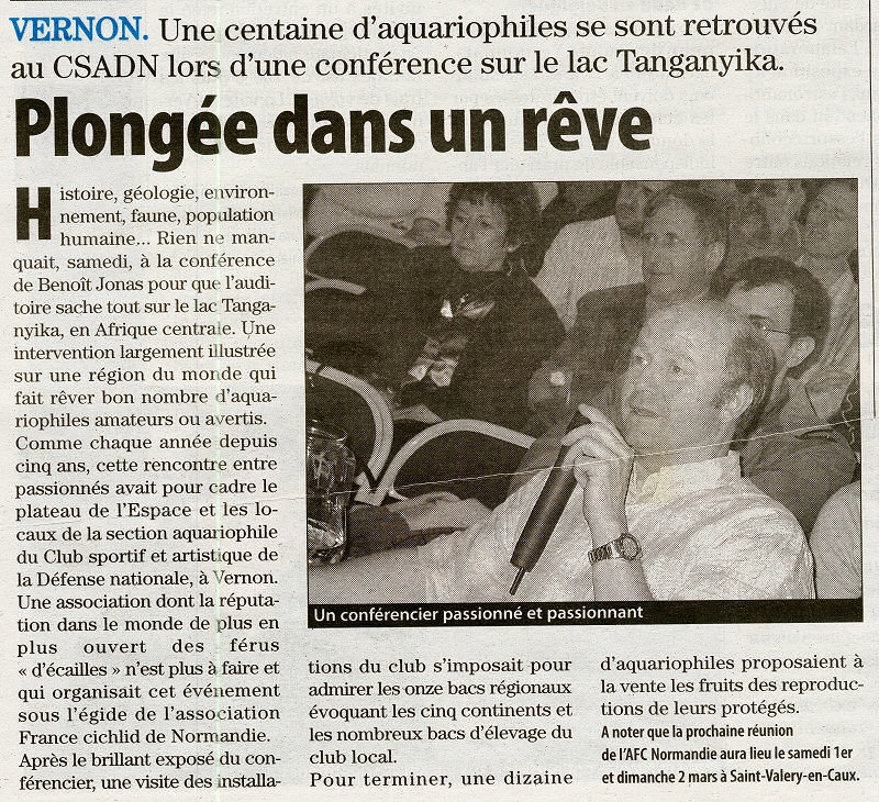 Paris Normandie du 12 février 2008 - Une centaine d'aquariophiles se sont retrouvés autour de Benoît Jonas, lors d'un conférence sur le lac Tanganyika